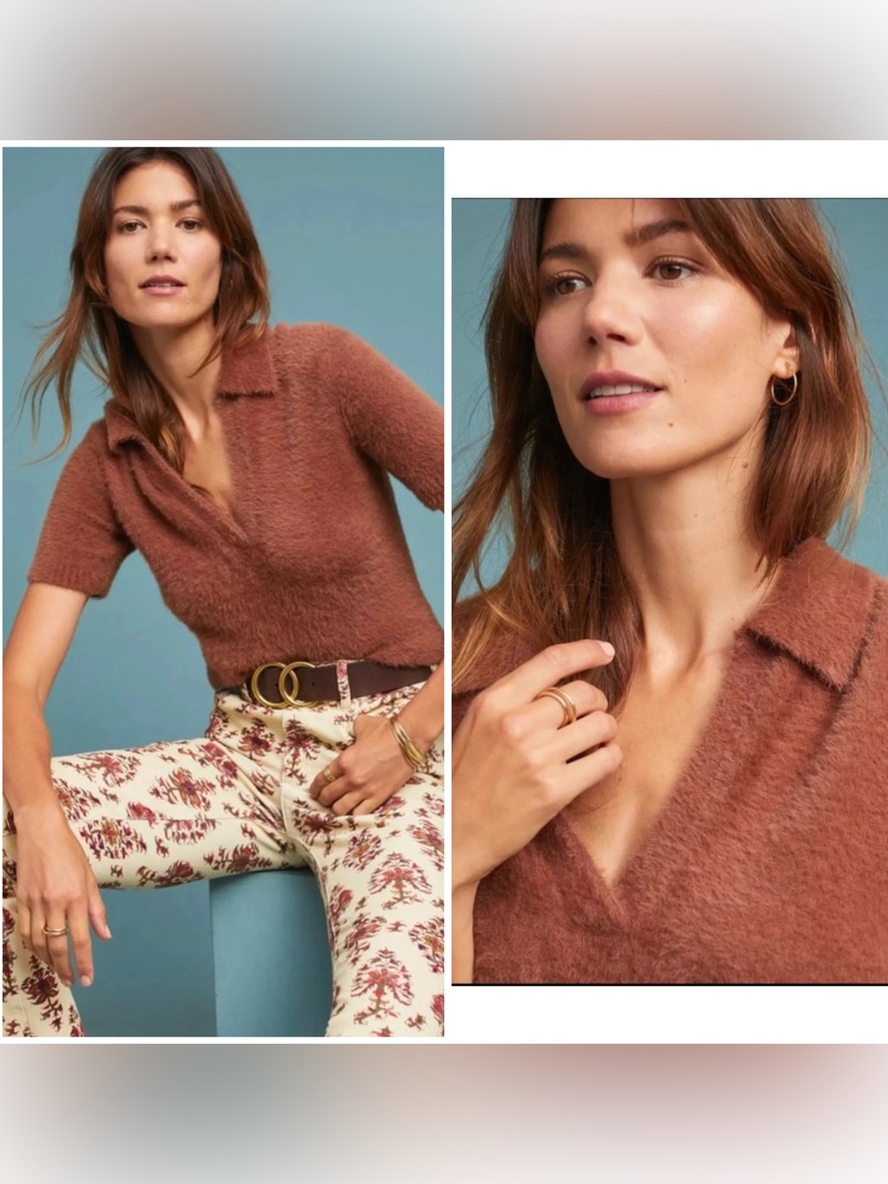 Moth by Anthropologie Deirdre Pullover Polo Sweater Brown Furry Teddy Spring